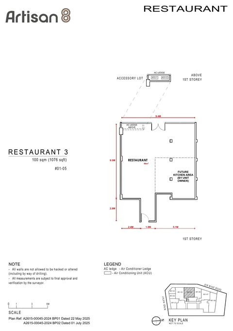 Artisan 8 commercial unit floor plan, Restaurant 3, unit #01-05, 100 sq m (1,076 sq ft) on the first storey (developer drawing with dimensions)