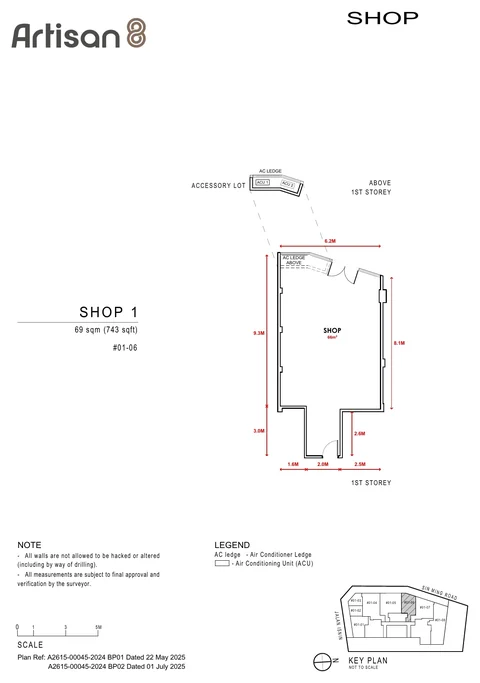 Artisan 8 commercial unit floor plan, Shop 1, unit #01-06, 69 sq m (743 sq ft) on the first storey (developer drawing with dimensions)