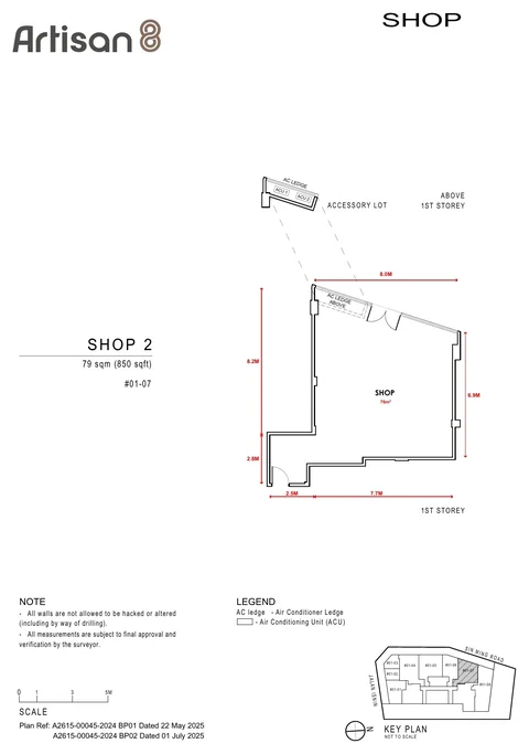 Artisan 8 commercial unit floor plan, Shop 2, unit #01-07, 79 sq m (850 sq ft) on the first storey (developer drawing with dimensions)