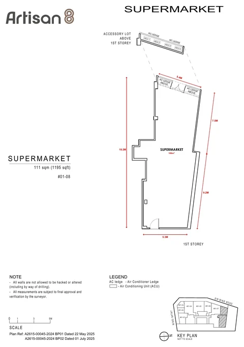 Artisan 8 commercial unit floor plan, Supermarket, unit #01-08, 111 sq m (1,195 sq ft) on the first storey (developer drawing with dimensions)
