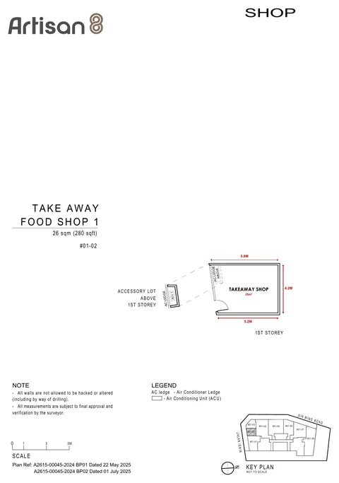Artisan 8 commercial unit floor plan, Take Away Food Shop 1, unit #01-02, 26 sq m (280 sq ft) on the first storey (developer drawing with dimensions)