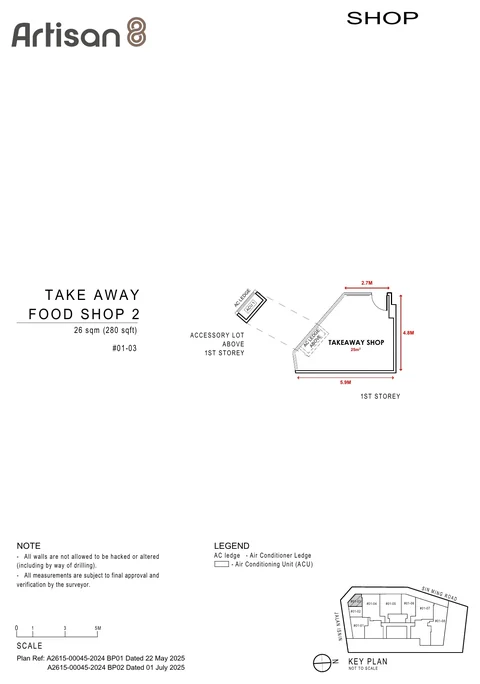 Artisan 8 commercial unit floor plan, Take Away Food Shop 2, unit #01-03, 26 sq m (280 sq ft) on the first storey (developer drawing with dimensions)