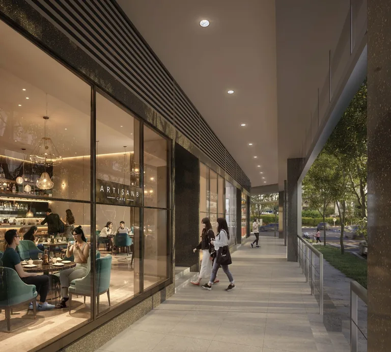 Artisan 8, artist&rsquo;s impression: the covered walkway along the first-storey commercial units, with glazed shopfronts on one side and trees beyond the railing on the other