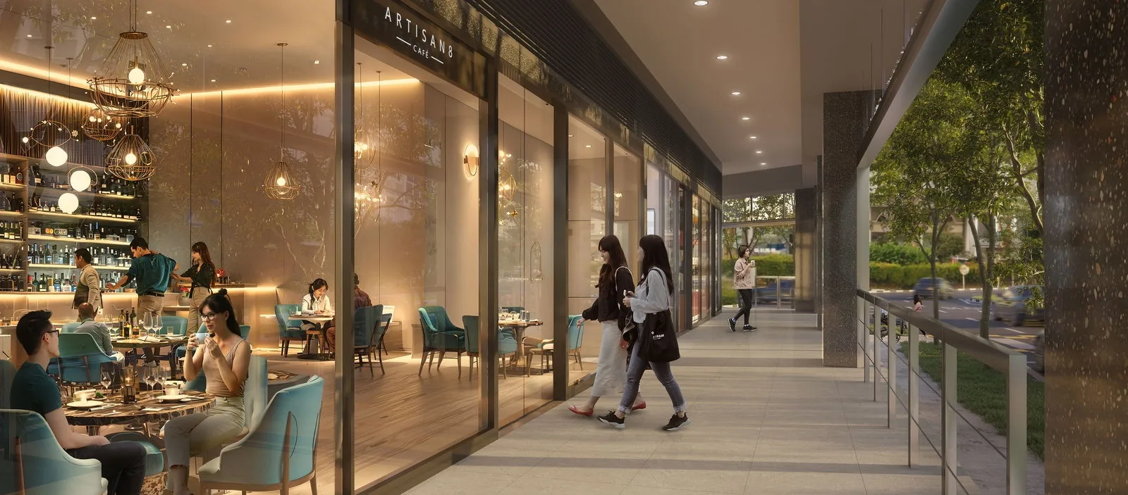 Artisan 8, artist&rsquo;s impression: a first-storey cafe-restaurant unit with diners at teal velvet chairs behind full-height glazing, beside the covered walkway
