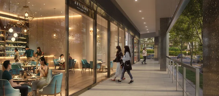Artisan 8, artist&rsquo;s impression: a first-storey cafe-restaurant unit with diners at teal velvet chairs behind full-height glazing, beside the covered walkway