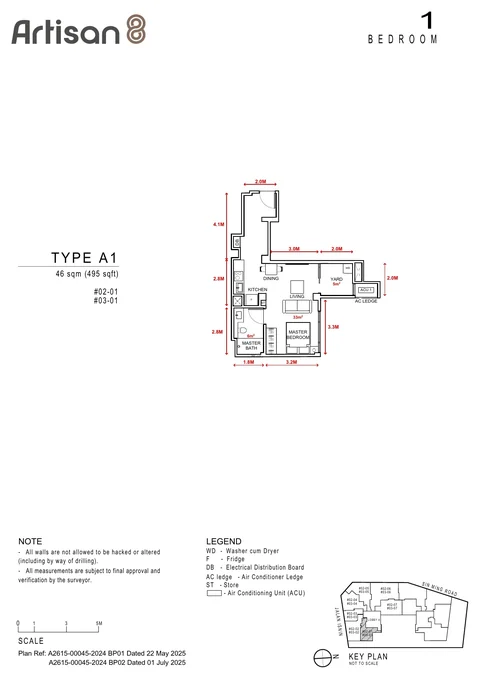 Artisan 8 floor plan, Type A1: 1 bedroom, 46 sq m (495 sq ft), units #02-01, #03-01 (developer drawing with dimensions)