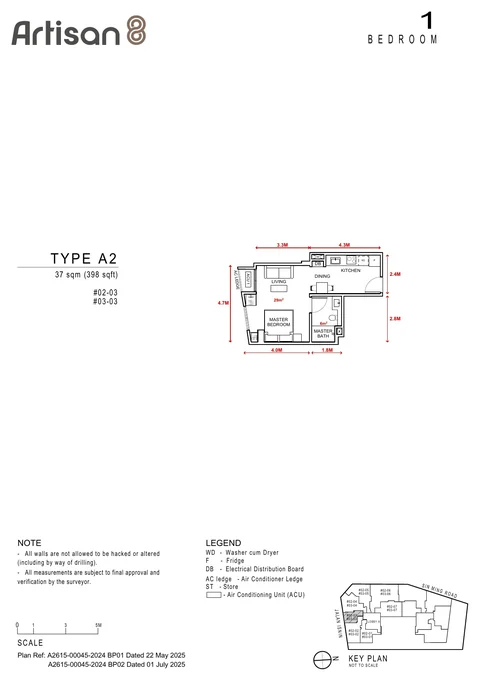 Artisan 8 floor plan, Type A2: 1 bedroom, 37 sq m (398 sq ft), units #02-03, #03-03 (developer drawing with dimensions)