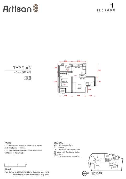 Artisan 8 floor plan, Type A3: 1 bedroom, 47 sq m (506 sq ft), units #02-08, #03-08 (developer drawing with dimensions)