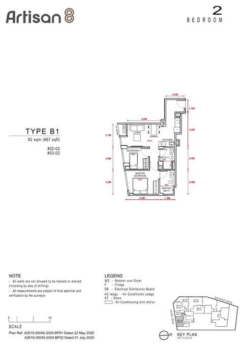 Artisan 8 floor plan, Type B1: 2 bedrooms, 62 sq m (667 sq ft), units #02-02, #03-02 (developer drawing with dimensions)