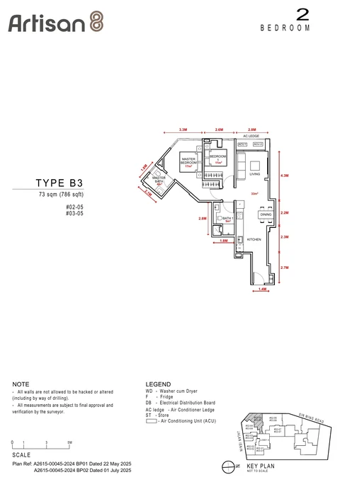 Artisan 8 floor plan, Type B3: 2 bedrooms, 73 sq m (786 sq ft), units #02-05, #03-05 (developer drawing with dimensions)