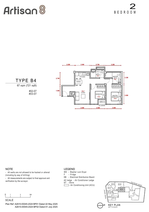 Artisan 8 floor plan, Type B4: 2 bedrooms, 67 sq m (721 sq ft), units #02-07, #03-07 (developer drawing with dimensions)