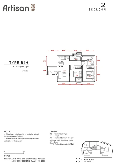 Artisan 8 floor plan, Type B4H: 2 bedrooms, 67 sq m (721 sq ft), units #04-05 (developer drawing with dimensions)