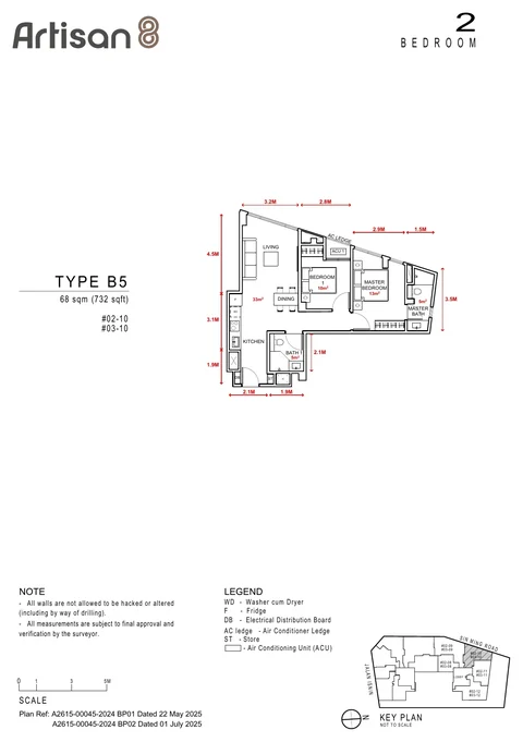 Artisan 8 floor plan, Type B5: 2 bedrooms, 68 sq m (732 sq ft), units #02-10, #03-10 (developer drawing with dimensions)