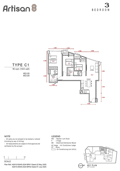 Artisan 8 floor plan, Type C1: 3 bedrooms, 95 sq m (1,023 sq ft), units #02-09, #03-09 (developer drawing with dimensions)