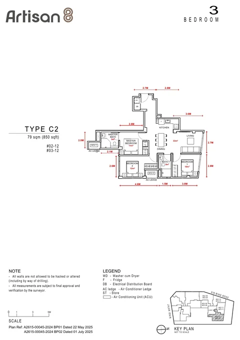 Artisan 8 floor plan, Type C2: 3 bedrooms, 79 sq m (850 sq ft), units #02-12, #03-12 (developer drawing with dimensions)