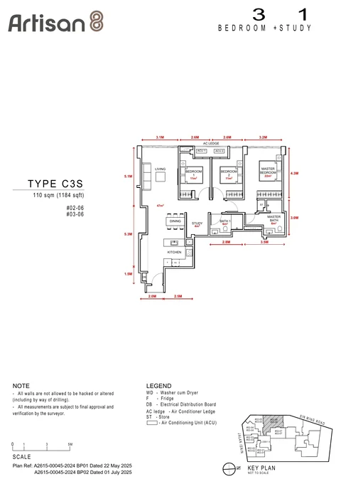 Artisan 8 floor plan, Type C3S: 3 bedrooms + study, 110 sq m (1,184 sq ft), units #02-06, #03-06 (developer drawing with dimensions)