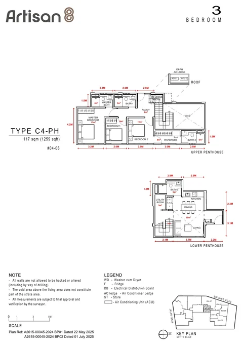 Artisan 8 floor plan, Type C4-PH: 3-bedroom penthouse, 117 sq m (1,259 sq ft), units #04-06 (developer drawing with dimensions)