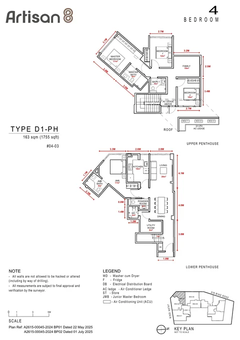 Artisan 8 floor plan, Type D1-PH: 4-bedroom penthouse, 163 sq m (1,755 sq ft), units #04-03 (developer drawing with dimensions)