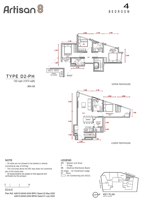 Artisan 8 floor plan, Type D2-PH: 4-bedroom penthouse, 122 sq m (1,313 sq ft), units #04-08 (developer drawing with dimensions)