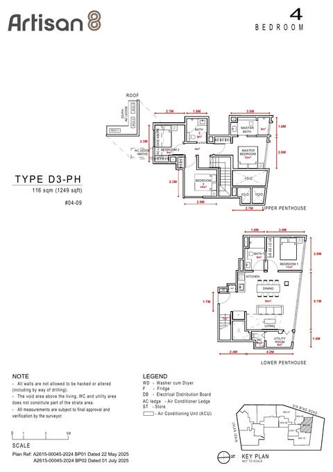 Artisan 8 floor plan, Type D3-PH: 4-bedroom penthouse, 116 sq m (1,249 sq ft), units #04-09 (developer drawing with dimensions)
