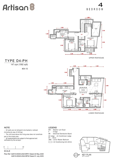 Artisan 8 floor plan, Type D4-PH: 4-bedroom penthouse, 147 sq m (1,582 sq ft), units #04-10 (developer drawing with dimensions)