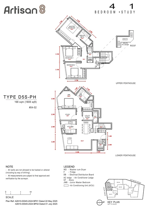 Artisan 8 floor plan, Type D5S-PH: 4-bedroom + study penthouse, 168 sq m (1,808 sq ft), units #04-02 (developer drawing with dimensions)
