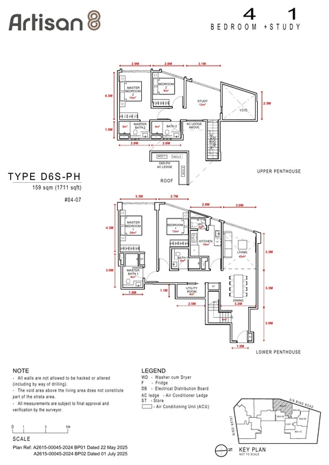 Artisan 8 floor plan, Type D6S-PH: 4-bedroom + study penthouse, 159 sq m (1,711 sq ft), units #04-07 (developer drawing with dimensions)