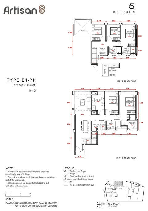 Artisan 8 floor plan, Type E1-PH: 5-bedroom penthouse, 175 sq m (1,884 sq ft), units #04-04 (developer drawing with dimensions)