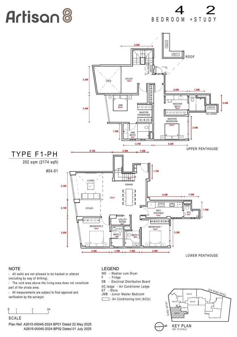 Artisan 8 floor plan, Type F1-PH: 4-bedroom + 2 study penthouse, 202 sq m (2,174 sq ft), units #04-01 (developer drawing with dimensions)