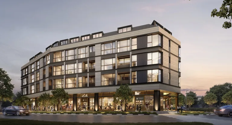 Artisan 8, artist&rsquo;s impression: the four-storey building with its attic penthouse storey at dusk on the corner of Sin Ming Road and Jalan Isnin, lit shopfronts and trees along the first storey